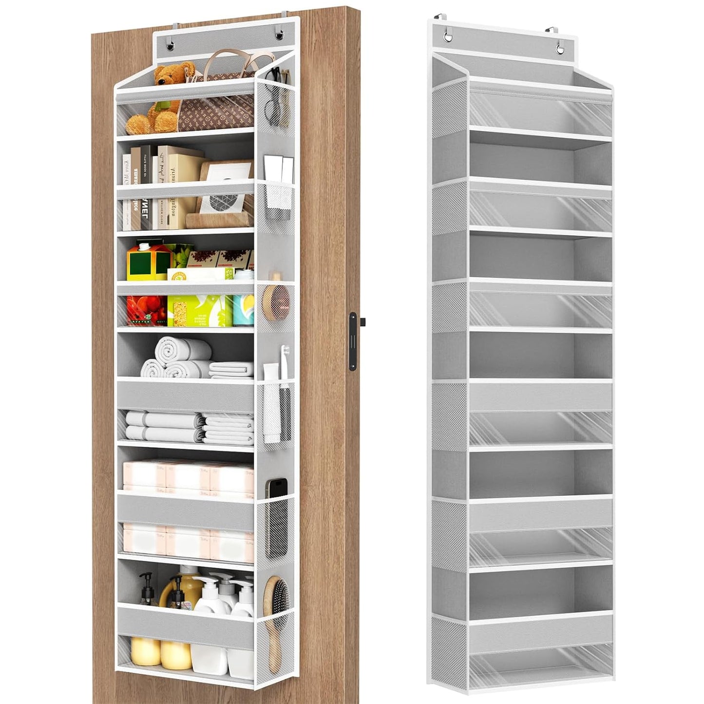 6 Tiers Over The Door Organizer, Behind The Door Storage Hanging Shelves | Heavy Duty Hanging Organizer Storage with Large Capacity Pockets for Closet Wall Bathroom Bedroom Nursery Pantry, 1 Grey