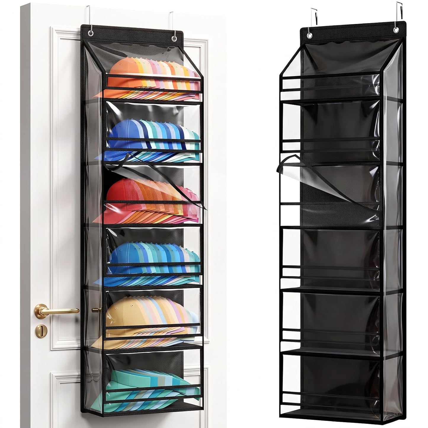 Lifewit 6 Tier Clear Over the Door Hat Rack, Baseball Caps Organizer, Black | Holds up to 84 Hats, Hanging Cap Storage Shelf with Dust Cover, Large Organizer with 2 Adjustable Hooks for Bedroom, Closet