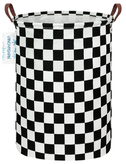 Round Laundry Basket Collapsible Boys Nursery Car Hamper Racing Flag | Waterproof Canvas Foldable Checkered Storage Bin Car Toy Bins Gift Baskets Bedroom Clothes for Home Play Bedroom Gift