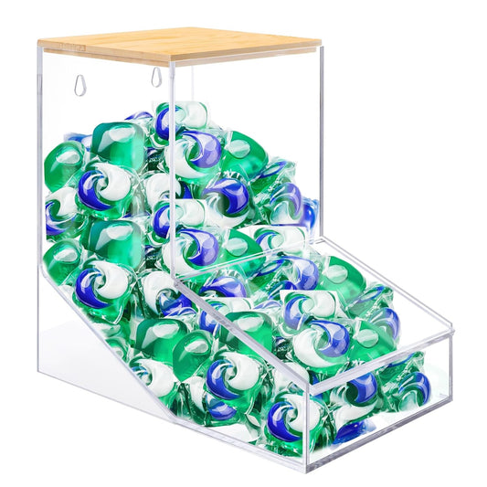 JYPS Laundry Box, Acrylic Dishwasher Pod Rack with 2 Lids | Powder Dispenser, Dry Ball, Beads, Soap Storage Box, For Room Table/Wall Mounted, Snack Candy Storage
