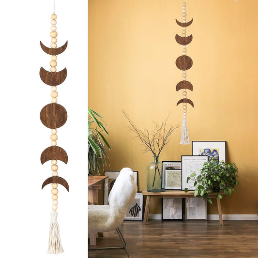 Moon Phase Wall Hanging Wood Beaded with Tassel,Phases of The Moon,Boho Home Decor for Living Room Bedroom Office(Brown)