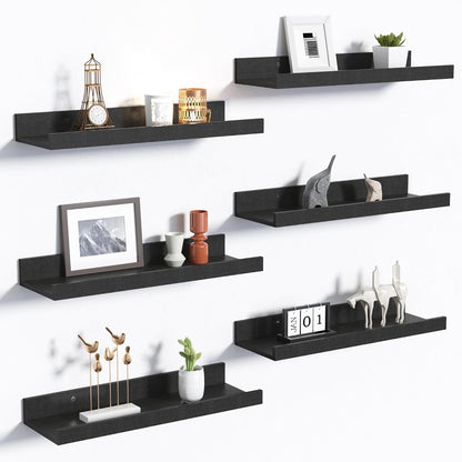upsimples Floating Shelves for Wall Decor and Storage, Black, 6Pcs 15.7'' | Wall Mounted Wood Shelves for Living Room, Bedroom, Bathroom, Kitchen, Office, Laundry Room Display and Organize