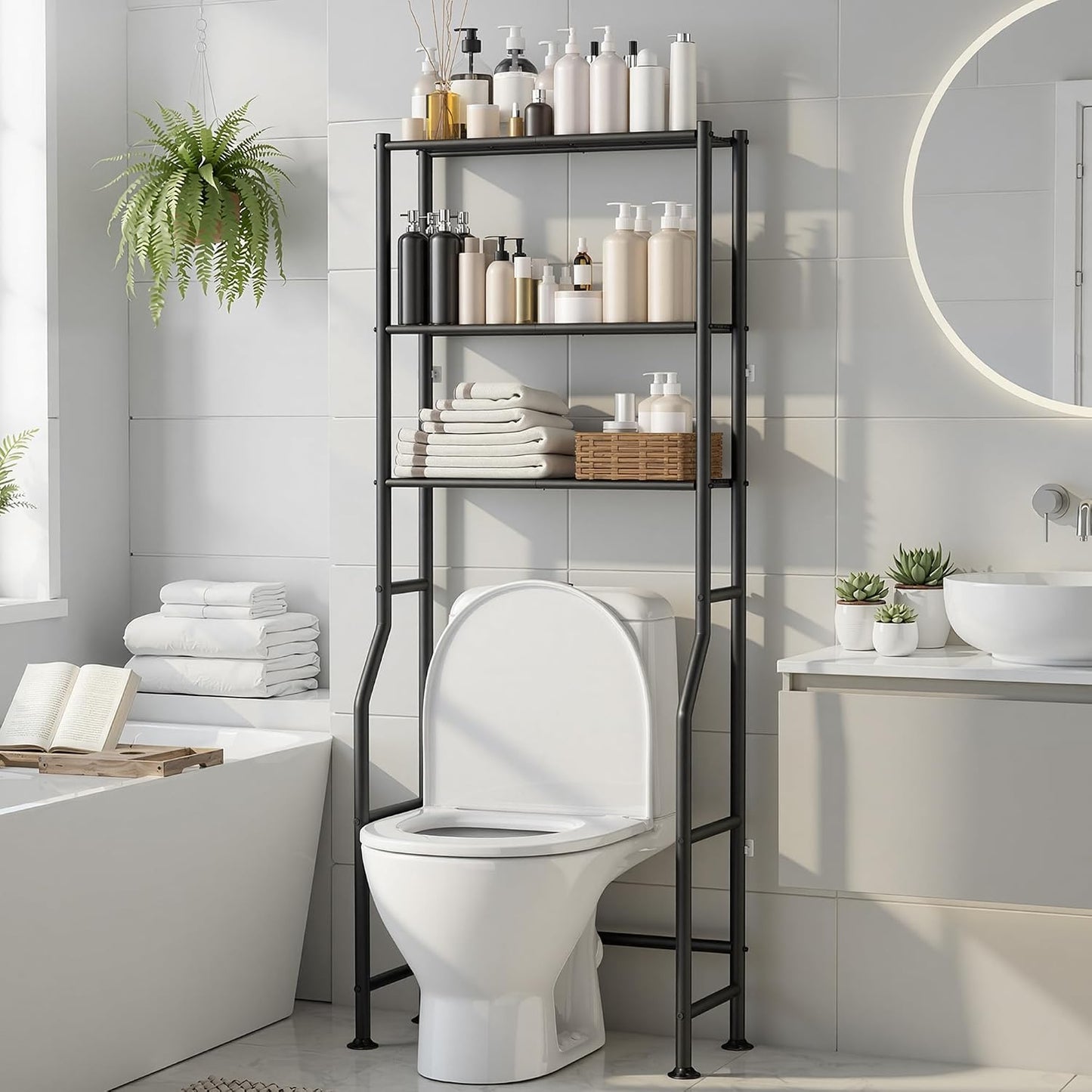 3-Tier Over The Toilet Storage, Freestanding Metal Bathroom Shelves, Space Saver Above The Over Toilet Storage Shelf for Bathroom (Black)