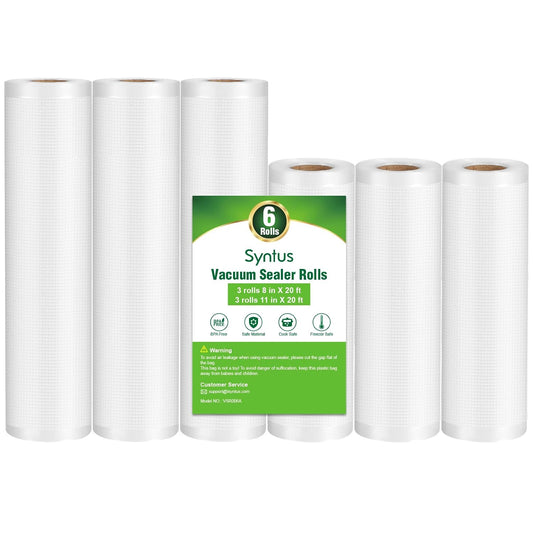Syntus Vacuum Sealer Bags for Food, 3 Rolls 11" x 20' and 3 Rolls 8" x 20' | 6 Pack, BPA Free, Custom Size, Heave-duty, Durable, Sous Vide Cooking Freezer Microwave Safe, Works with All Vacuum Sealers