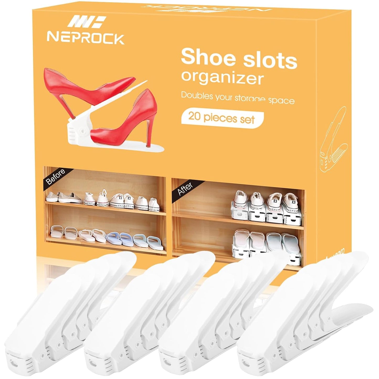 Shoe Slots Organizer, 20 Pack Adjustable Shoe Rack Stacker Storage Space Saver, Double Deck Shoe Rack Holder for Closet Organization (White)