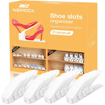 Shoe Slots Organizer, 20 Pack Adjustable Shoe Rack Stacker Storage Space Saver, Double Deck Shoe Rack Holder for Closet Organization (White)