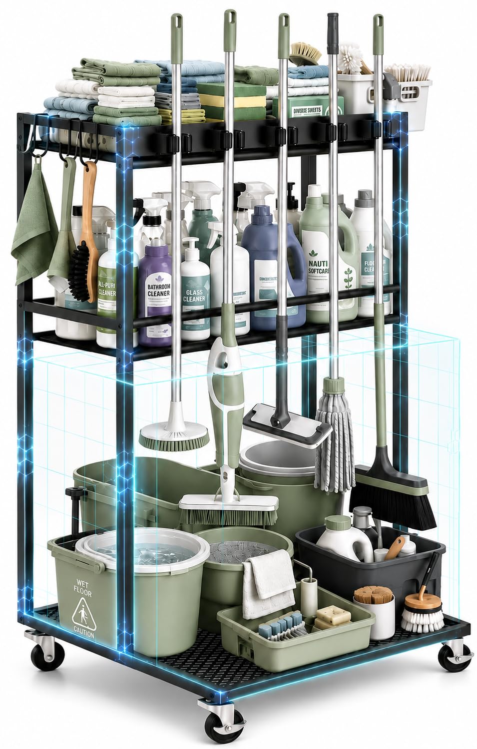 Cleaning Supplies Organizer Cart with Wheels, Broom and Mop Holder with 5 Grippers, 6 Hooks, 3 Shelves, Rolling Broom Closet Storage Rack for Laundry Room, Kitchen, Bathroom, Garage, Poolside