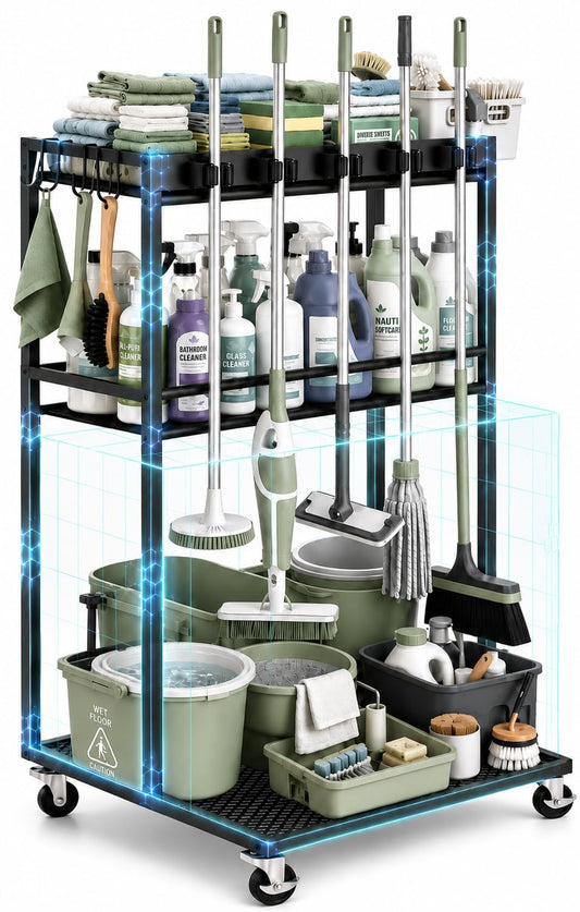 Cleaning Supplies Organizer Cart with Wheels, Broom and Mop Holder with 5 Grippers, 6 Hooks, 3 Shelves, Rolling Broom Closet Storage Rack for Laundry Room, Kitchen, Bathroom, Garage, Poolside