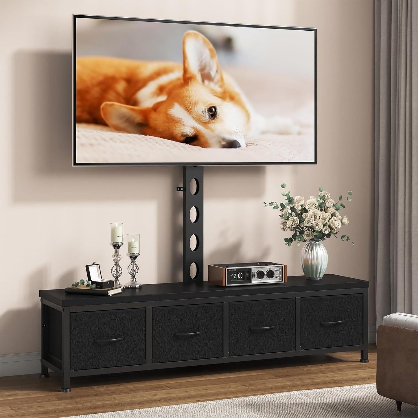 TV Stand with Mount & 4 Drawers, Entertainment Center | Modern Media Console up to 75 inch TV, Fabric Dresser TV Stand for Living Room Bedroom