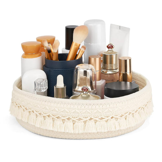 Mkono Makeup Perfume Organizer, Boho Decor Macrame Storage Basket, Ivory | Dorm Bedroom Decor, Hand-Woven Small Basket, Decorative Skincare Cosmetics Holder, Vanity Dresser Bathroom Office