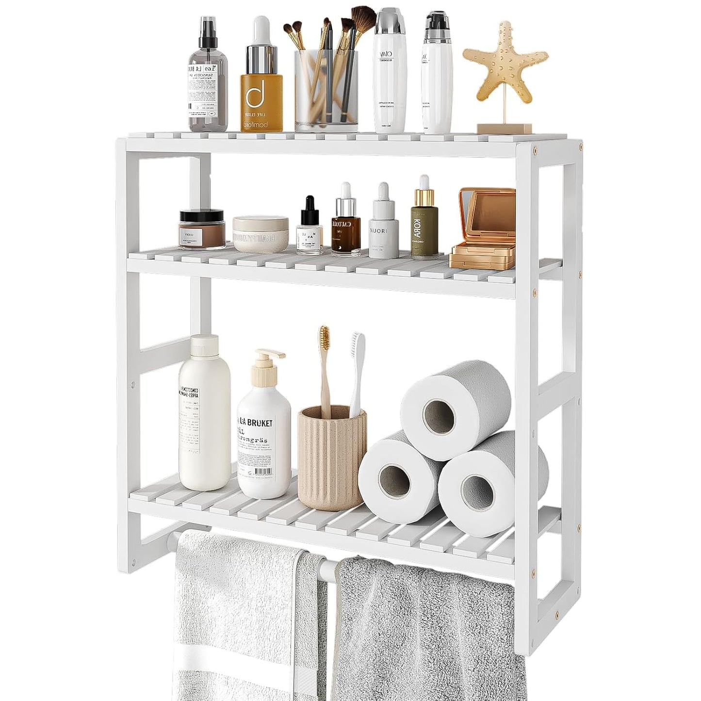 Galood Over The Toilet Storage Bathroom Shelves Wall Mounted 3 Tier White | Space Saver Corner Shelf Organizer Bamboo Towel Rack Toilet Paper Cabinet with Hanging Rod