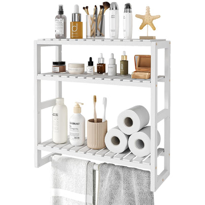 Galood Over The Toilet Storage Bathroom Shelves Wall Mounted 3 Tier White | Space Saver Corner Shelf Organizer Bamboo Towel Rack Toilet Paper Cabinet with Hanging Rod