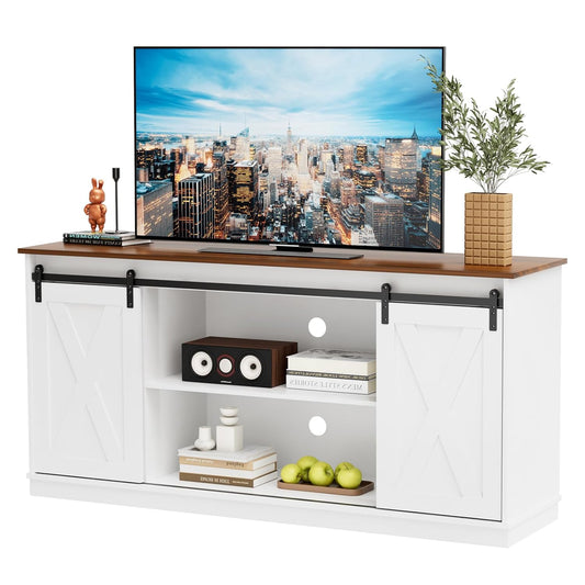 DUMOS TV Stand for 65 Inch Television, Entertainment Center with Storage Shelves, Mid Century Modern Media TV Console Table for Bedroom Living Room, Office Furniture, White