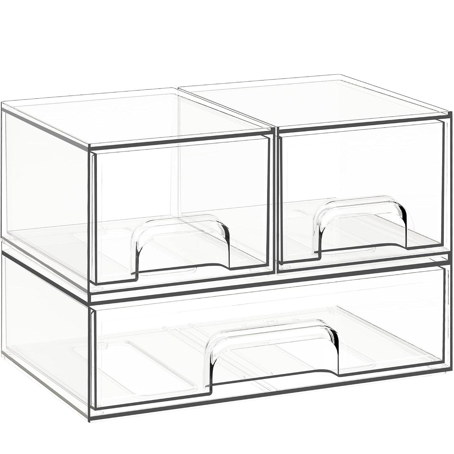 Stackable Storage Drawers, 3 Pack Clear Acrylic Makeup & Bathroom Organizer, Versatile Storage Bins for Vanity, Under Sink, Kitchen Cabinets & Pantry