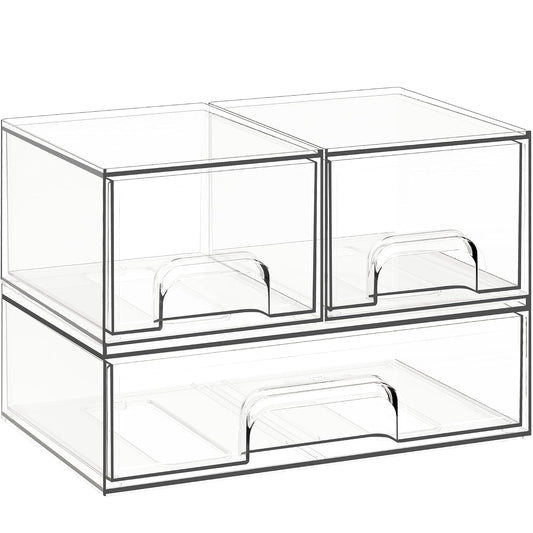 Stackable Storage Drawers, 3 Pack Clear Acrylic Makeup & Bathroom Organizer, Versatile Storage Bins for Vanity, Under Sink, Kitchen Cabinets & Pantry