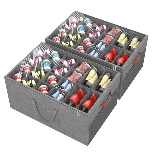 Aokeyee 2 Pack Shoe Organizer for Closet, Large Shoe Storage Box, Black | Fits up to 48 Pairs, Stackable, Space Saving, Foldable, Shoes Organizer Bin with Clear Cover, 4 Reinforced Handles