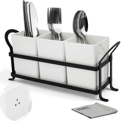Czlizdyt Cutlery Holder with Drain Holes, Silverware Caddy for Party Countertop, 3pcs Bins Set Utensil Holders for Spoon and Fork, White