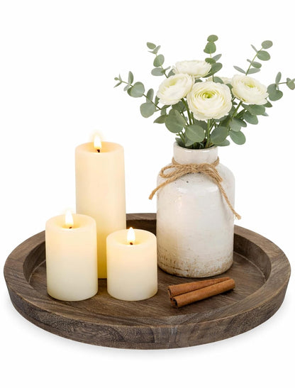 Hanobe Round Wooden Candle Holder Trays for Coffee Table, Distressed Finish | 11.2" Rustic Decorative Candlestick Plates for Kitchen Centerpiece, Farmhouse Living Room Fall Decor