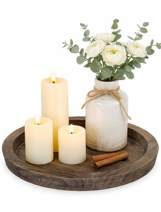 Hanobe Round Wooden Candle Holder Trays for Coffee Table, Distressed Finish | 11.2" Rustic Decorative Candlestick Plates for Kitchen Centerpiece, Farmhouse Living Room Fall Decor