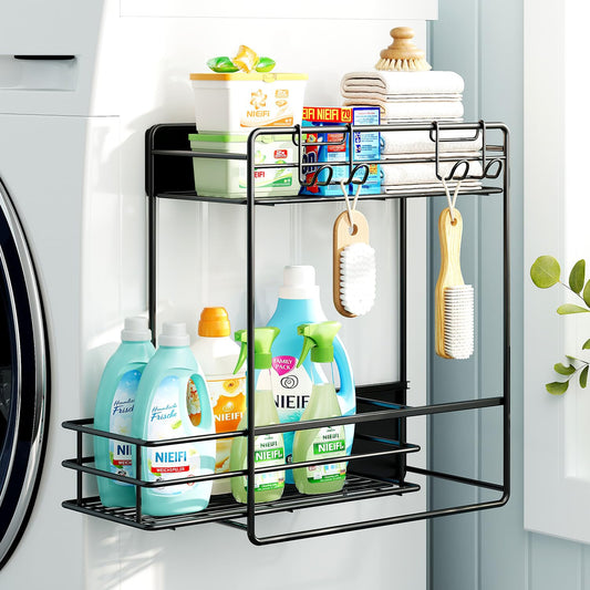 Nieifi Magnetic Shelves for Washing Machine, Magnetic Laundry Organizer | Heavy duty, 2 tier, pull out drawer, 2 hooks, dryer organizer, laundry room storage, magnetic spice rack, black