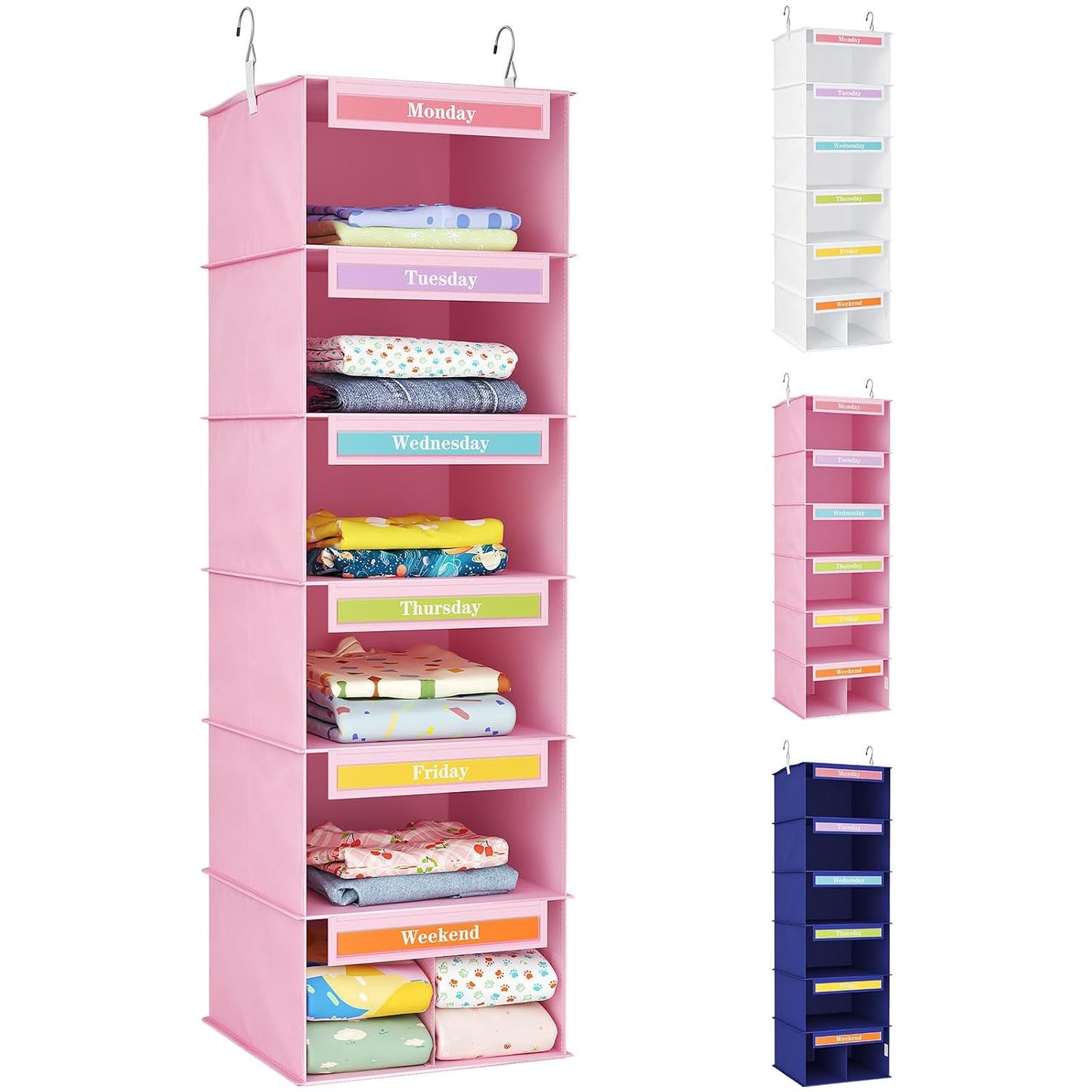 Lifewit 6 Shelf Weekly Hanging Clothes Storage Organizer for Kids, Pink | Closet Storage with Color Labels for School Outfits, Daily Clothing Divider with Days of The Week Monday to Friday Weekend