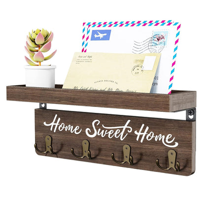 buways Key Holder Wall Mount with 8 Hooks and Cozy Home Sign (Brown) | Solid Wood, Floating Shelf for Keys, Mail, and Daily Essentials in Entryways, Hallways or Home Decor