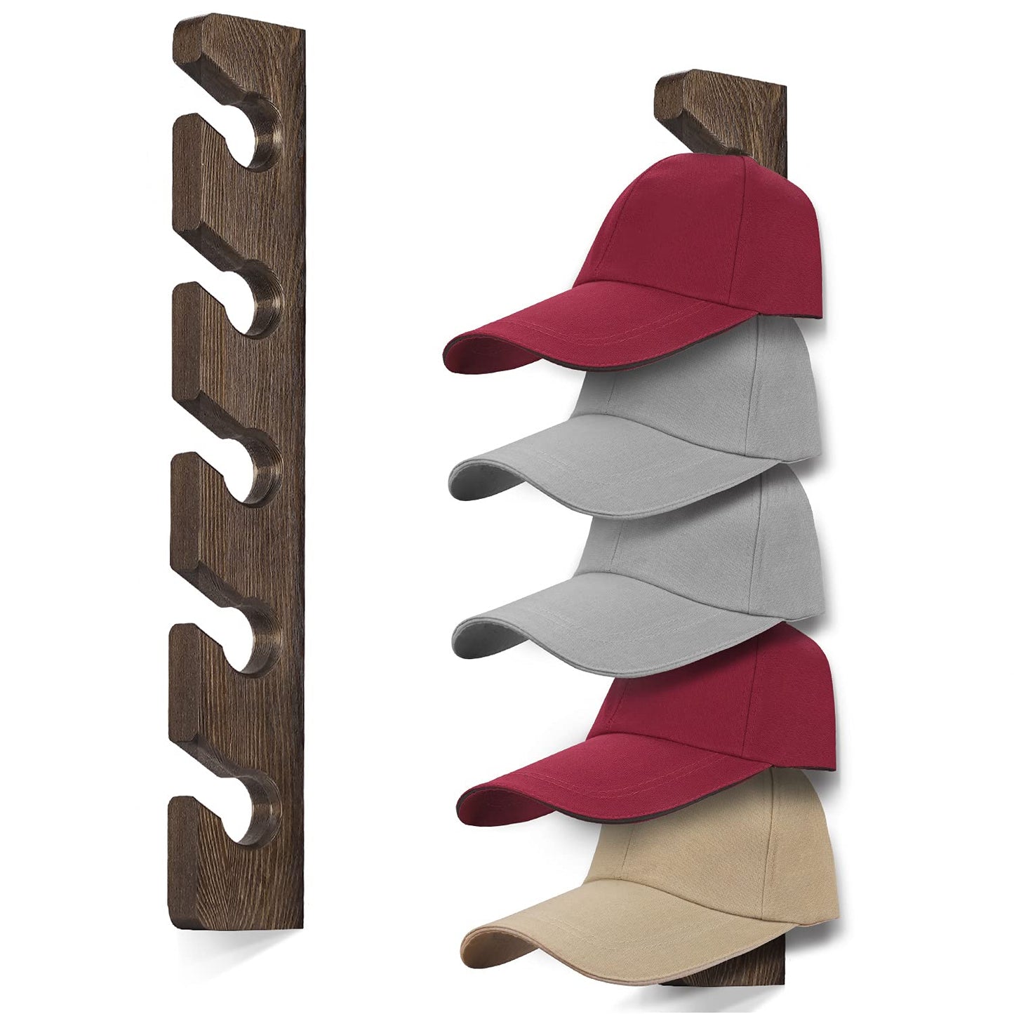 Hat Rack for Wall Baseball Cap Organizer Hanger (2 Pack) Modern Wooden Hat Holder Wall-Mounted Caps Display for Closet Door Bedroom Entryroom Laundry (Brown) …