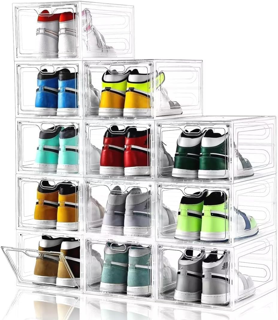 12 Pack Large Shoe Storage Box, Clear Shoe Storage Organizer with Magnetic Door, Stackable,Shoe Containers For Display Sneakers, Easy Assembly, Fit up to US Size 12, Clear