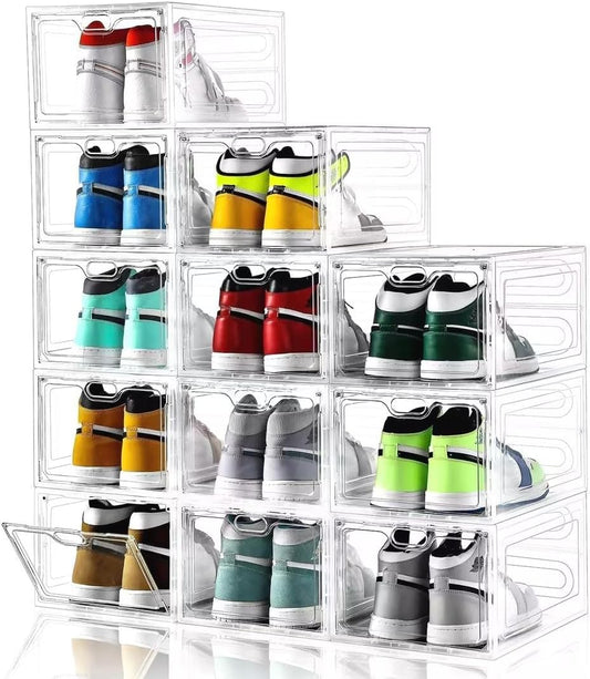 12 Pack Large Shoe Storage Box, Clear Shoe Storage Organizer with Magnetic Door, Stackable,Shoe Containers For Display Sneakers, Easy Assembly, Fit up to US Size 12, Clear