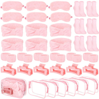 Homaisson 6 Sets Sleepover Party Supplies, Spa Set with Plush Sleep Eye Mask, Headband, Hair Clip, Socks, Bag for Girls Women Slumber Spa Birthday Pajama Gifts, Pink