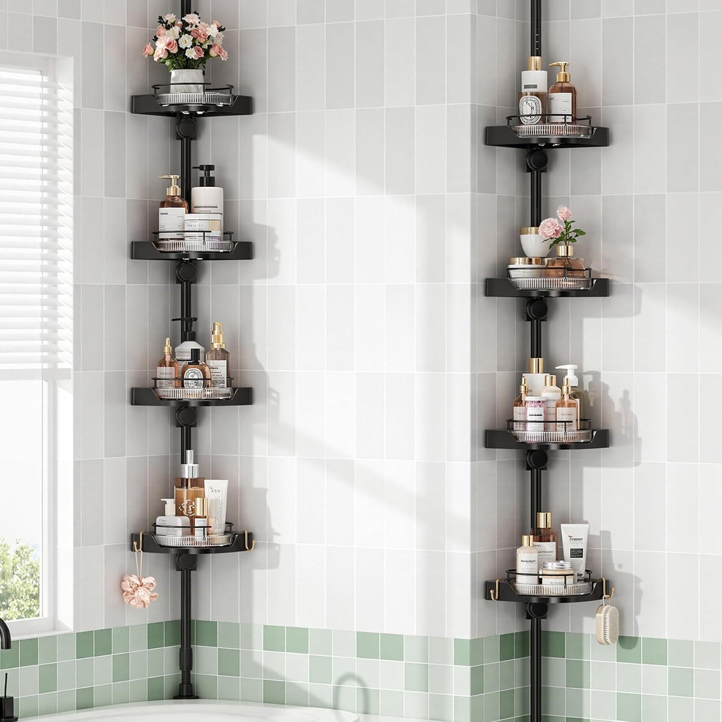 360° Rotating Corner Shower Caddy Tension Pole Organizer (Black) | 4-Tier rotating shelves with hooks, adjustable tray height, upgraded rustproof metal pole, removable trays for shower storage