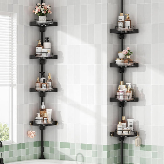 360° Rotating Corner Shower Caddy Tension Pole Organizer (Black) | 4-Tier rotating shelves with hooks, adjustable tray height, upgraded rustproof metal pole, removable trays for shower storage