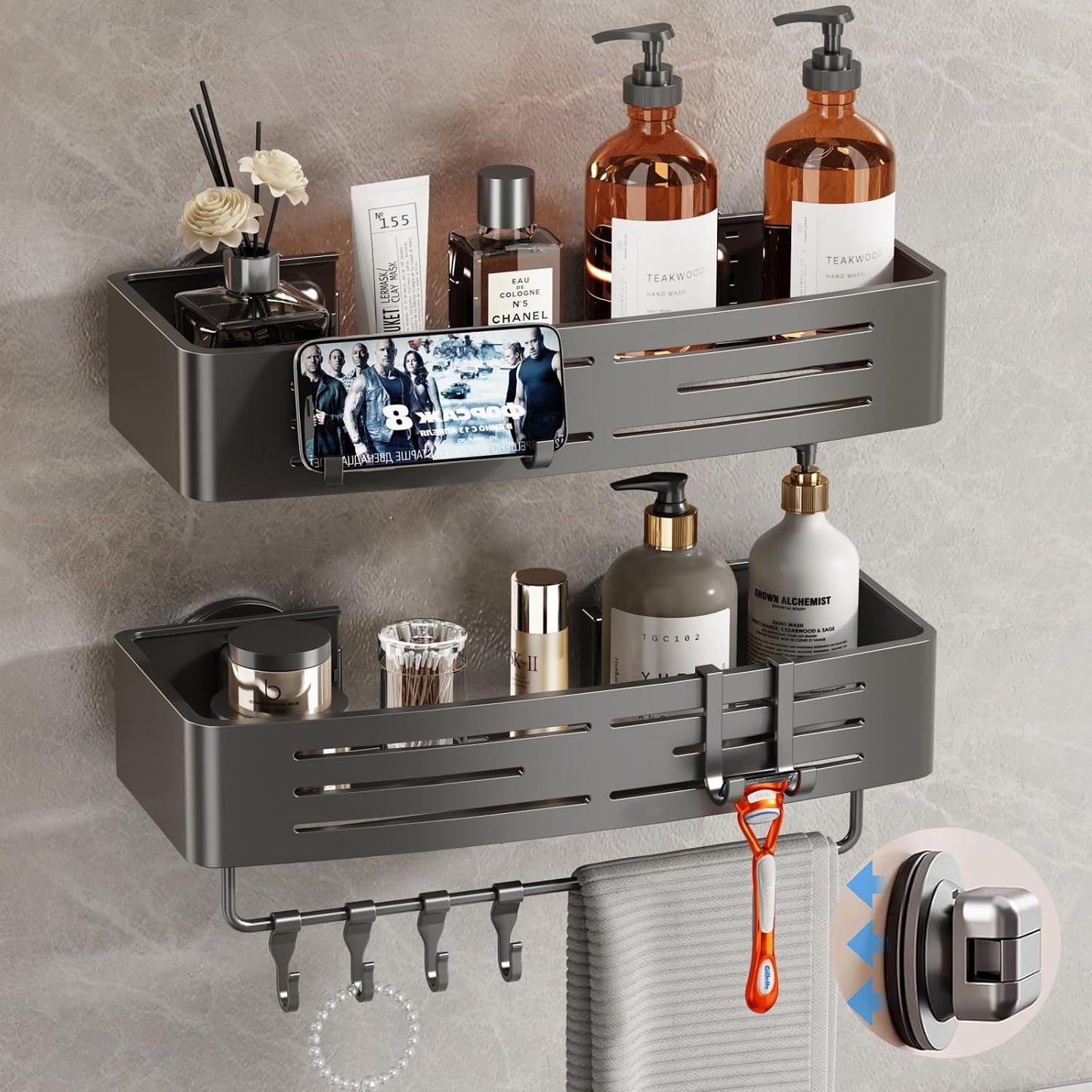 Shower Caddy Suction Cup, 2 Pack Shower Shelves for Inside Shower No Drilling, Aluminum Suction Showers Organizer with Towel Bar & Hooks Removable Bathroom Shelf Storage Rack(Gray)