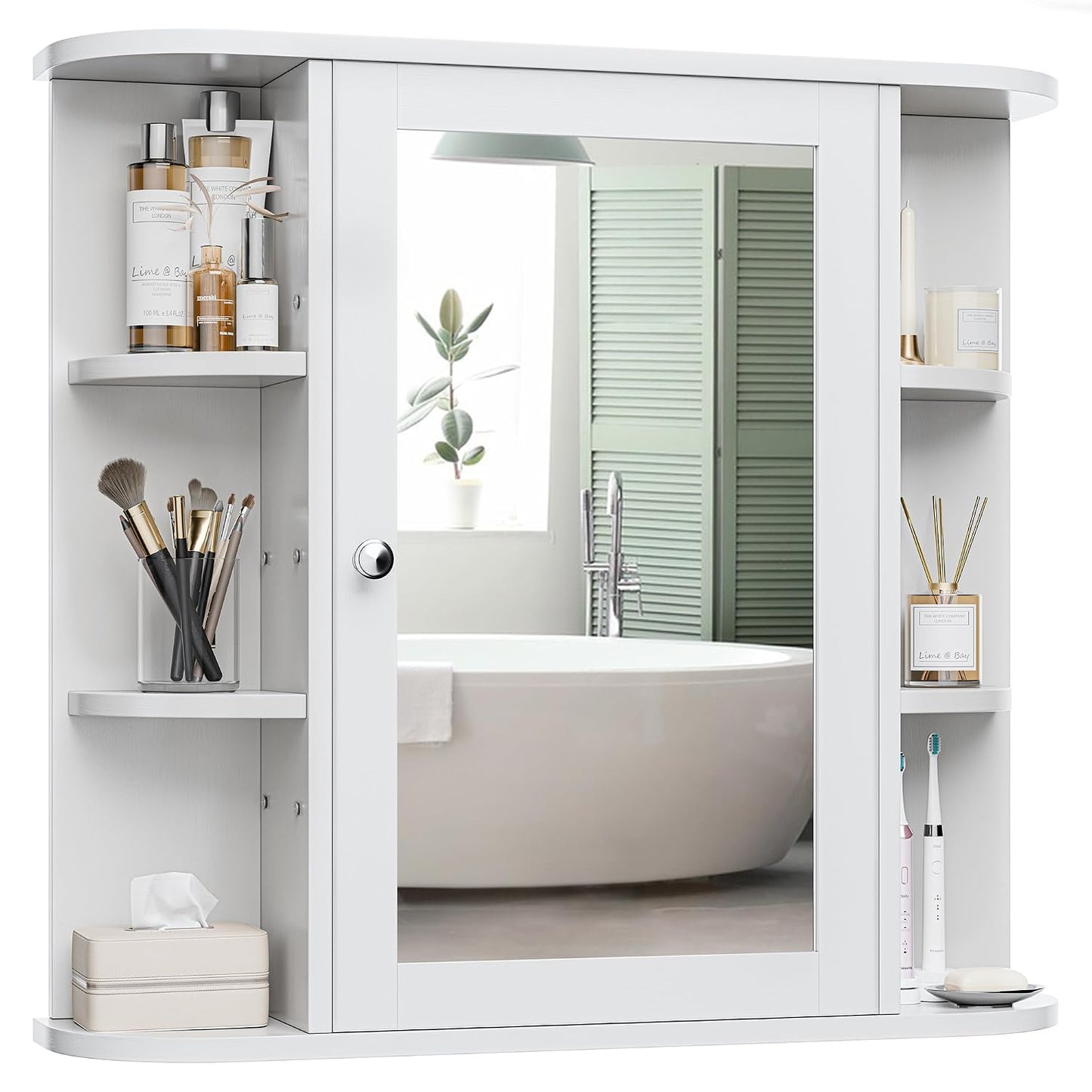 Bathroom Medicine Cabinet, Bathroom Mirror Cabinet Wall Mounted with 6 Side Open Shelves, White Wall Cabinet with Mirror, White