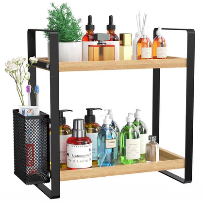 2-Tier Wood Bathroom Counter Organizer with Basket,Waterproof Vanity Perfume Skincare Storage for Bathroom, Kitchen, Dresser