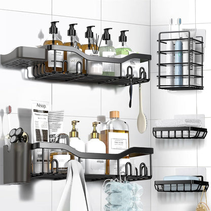 7-Pack Shower Caddy Adhesive,Stainless Steel Shower Organizer Shelf | Rustproof, with Soap Dish Toothbrush Holder, Large Capacity, No-Drill Rack Bathroom Storage Accessories, 24 Hooks, Home Decor