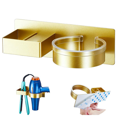 Hair Dryer Holder Wall Mounted, Hair Straightener Holder, Blow Dryer Holder Adhesive, Hair Tool Organizer for Flat Iron, Hairdryer, Curling Iron Holder for Bathroom Vanity Barber Shop (Gold)