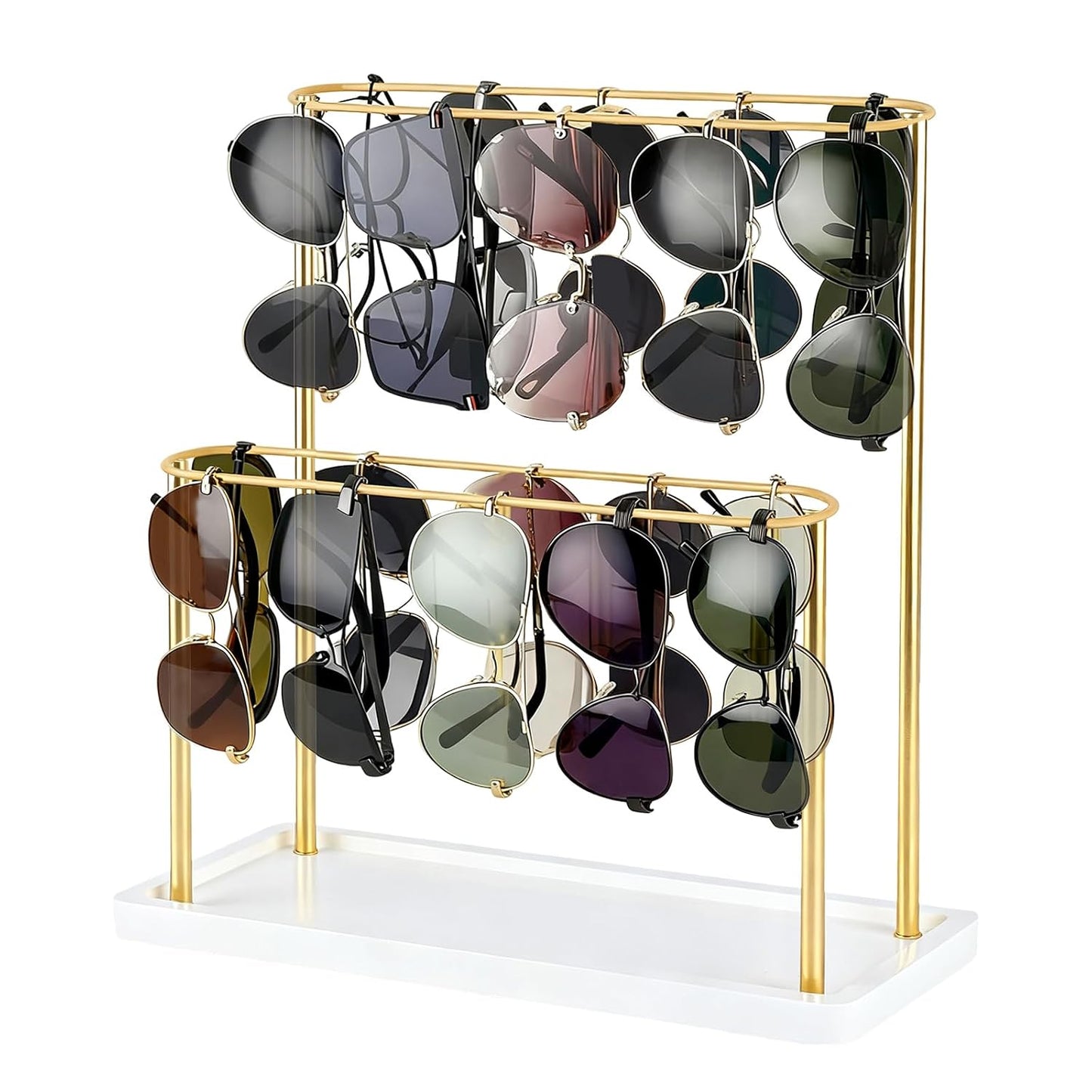 Sunglasses Organizer Holder Stand, Eyeglasses Display ,Gold Storage Rack | Wood Base, for 28 Pairs of Eyewear, 2 Tier