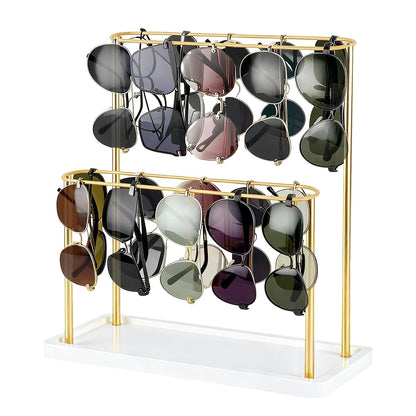 Sunglasses Organizer Holder Stand, Eyeglasses Display ,Gold Storage Rack | Wood Base, for 28 Pairs of Eyewear, 2 Tier