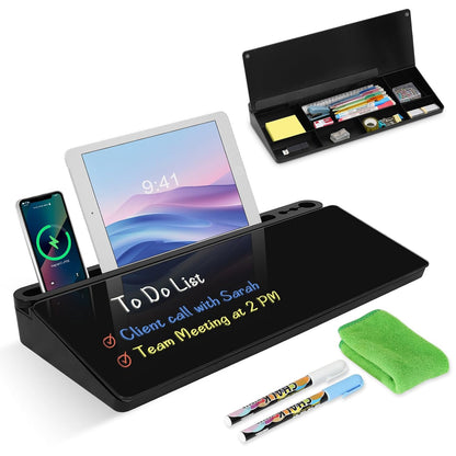 Desktop Glass Whiteboard with Storage, Desk Board with Computer Keyboard Stand, White Dry Erase Board with Drawers for Home, School, Office Desk Organizers and Accessories - Black