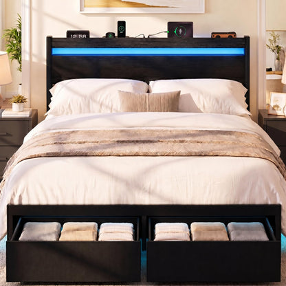 Full Bed Frame with Drawers, Platform Bed with LED Lights & Charging Station, Wood Headboard, Strong Metal Slats Support, No Box Spring Needed, Noise Free, Easy Assembly