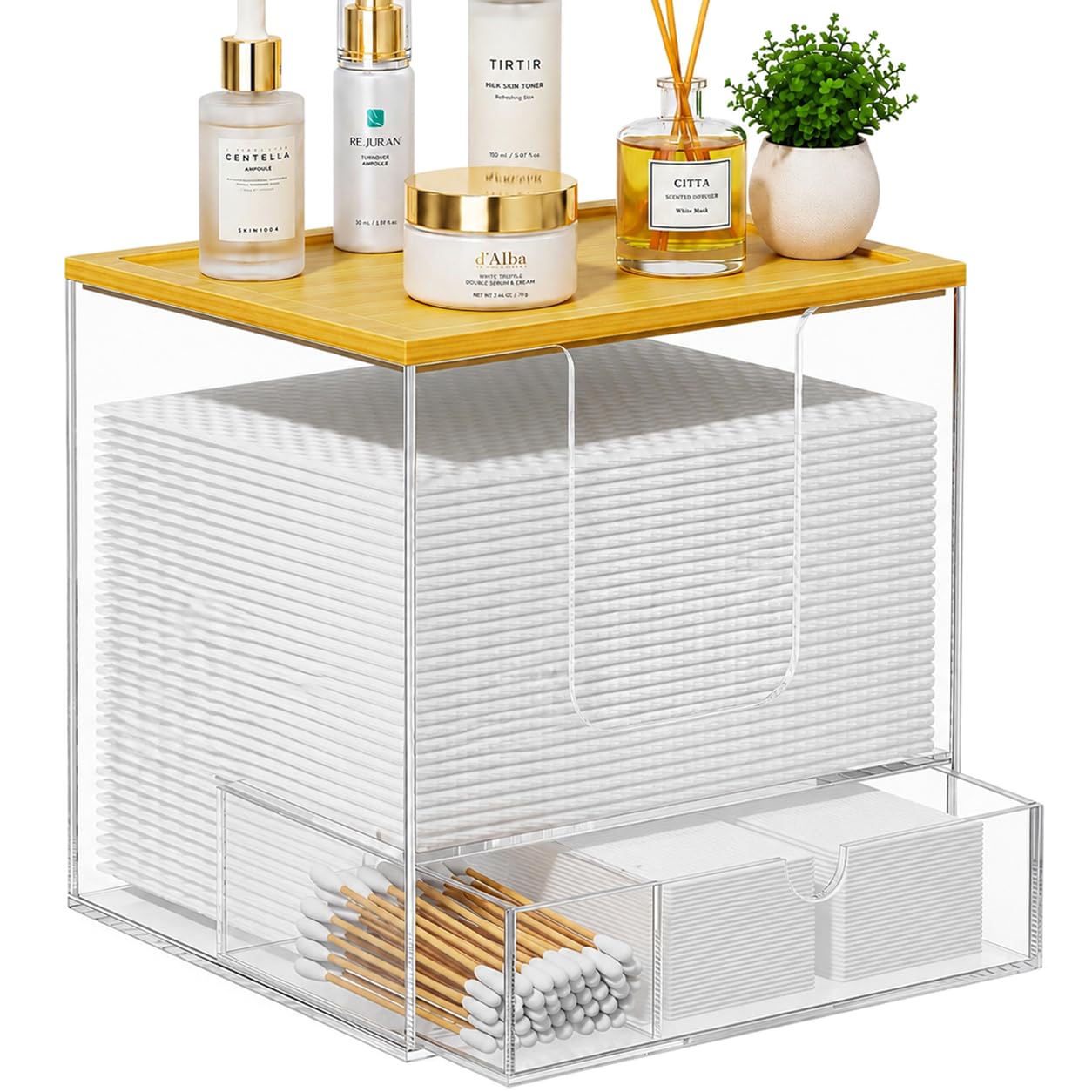 VITVITI Disposable Face Towel Holder for Clean Skin Club, Acrylic Bamboo Facial Towel Holder Box with Drawer, 50 XL Face Towels Container for Bathroom Vanity Makeup, Clear