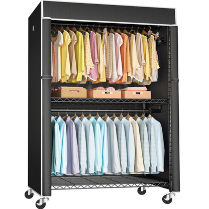 Black Clothing Rack with Black Cover, P1C Plus Rolling Closet | Metal Garment Rack with Wheels for Hanging Clothes, Portable Clothing Storage Wardrobe