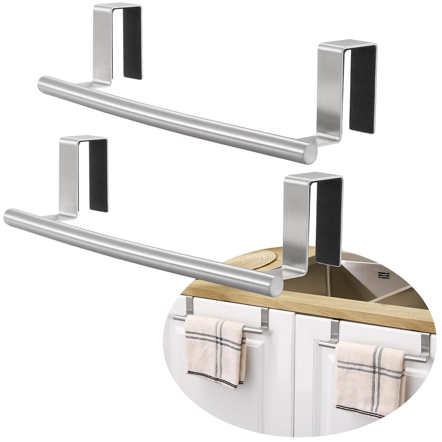KES Over The Cabinet Door Towel Rack, Kitchen Towel Holder, 2 Pack | Anti-Wobble Stable Fit, Fit Doors Under 1" Thick, SUS304 Stainless Steel Bars for Dish Hand Towels, Brushed Finish