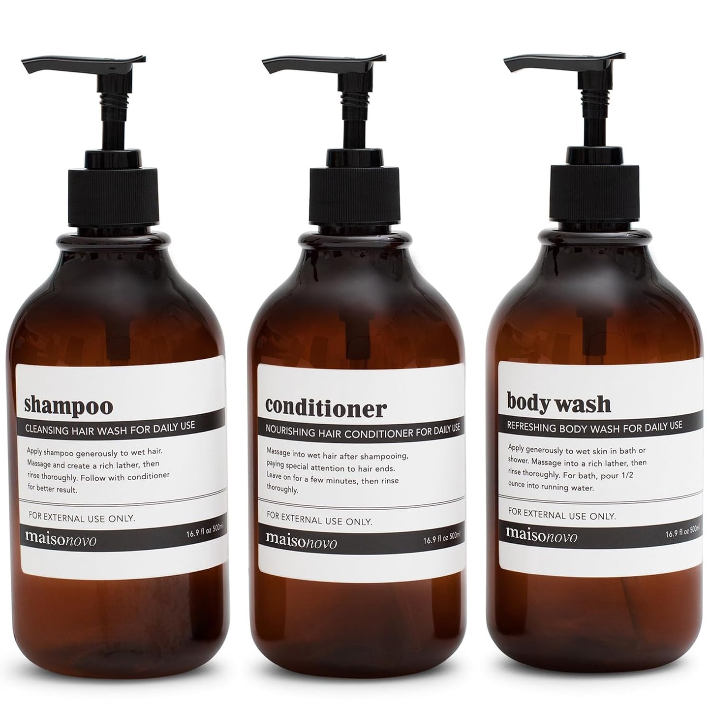 Shampoo and Conditioner Bottles Set of 3 Amber Black – Shower Shampoo Dispenser – Hotel Style Bathroom Upgrade by MaisoNovo