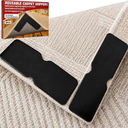 Rug Grippers for Hardwood Floors, No Damage Reusable Non Slip Rug Tape Pads, Washable Strong Adhesive Carpet Grippers for Area Rugs, Keep Corners Flat, Low-Profile Floor-Safe Removal (8)