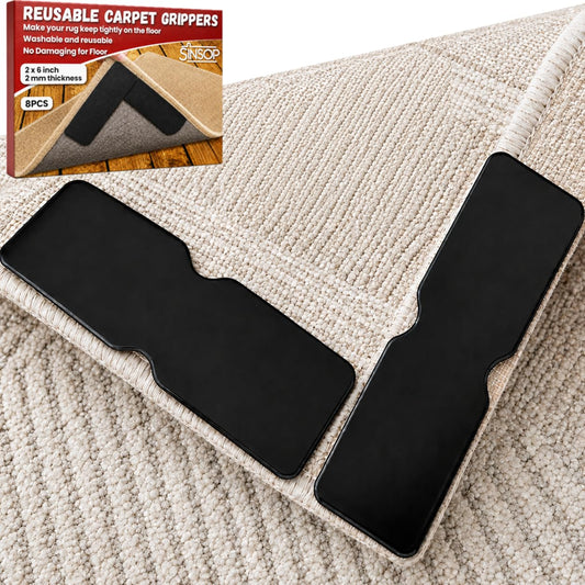 Rug Grippers for Hardwood Floors, No Damage Reusable Non Slip Rug Tape Pads, Washable Strong Adhesive Carpet Grippers for Area Rugs, Keep Corners Flat, Low-Profile Floor-Safe Removal (8)