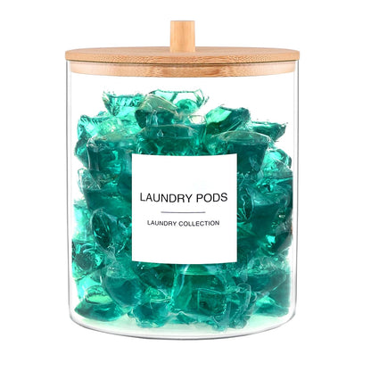 Glass Jars for Laundry Room Organization, Laundry Pods Container with 27 Labels, Detergent Holder with Bamboo Lid, Cute Storage Jars (Set of 1)