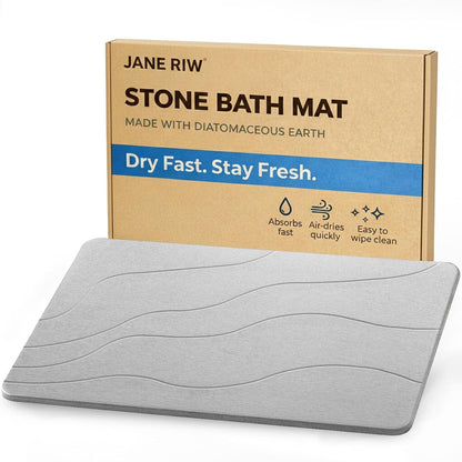 Stone Bath Mat, Quick-Dry Diatomaceous Earth Shower Mat, Absorbent Bathroom Mat for Shower/Tub Exit, New Apartment Essential & Housewarming Gift, 23.5" x 15.5" Light Gray Wave