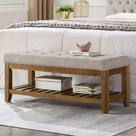 Large Rectangular Upholstered Tufted Linen Fabric... (Linen-bench)